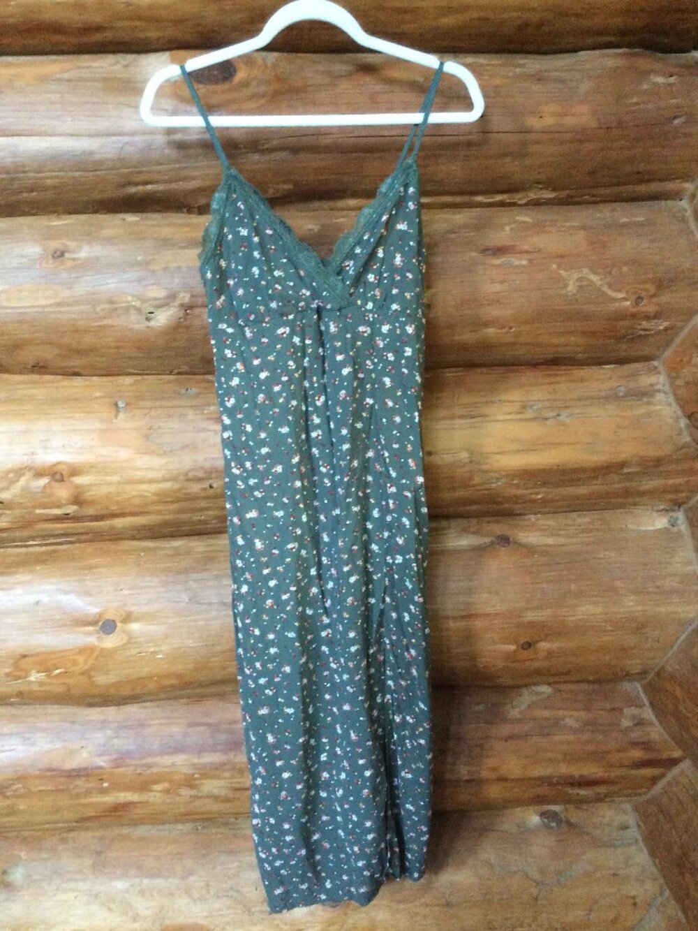 Retro Y2K Lace Babydoll Olive Green Floral No Boundaries 90s Midi Dress Size XS